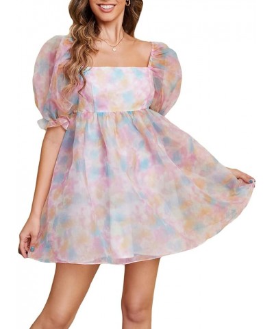 Women's Tie Dye Floral Print Square Neck Puff Sleeve High Rise Flare Organza Dress Tie Dye Multicolor $27.59 Blouses