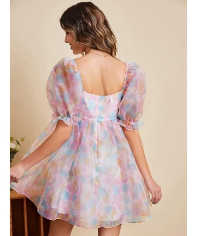 Women's Tie Dye Floral Print Square Neck Puff Sleeve High Rise Flare Organza Dress Tie Dye Multicolor $27.59 Blouses