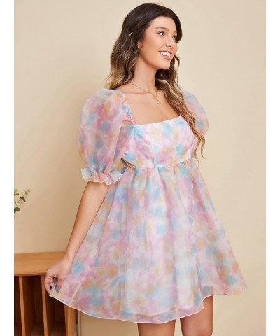 Women's Tie Dye Floral Print Square Neck Puff Sleeve High Rise Flare Organza Dress Tie Dye Multicolor $27.59 Blouses