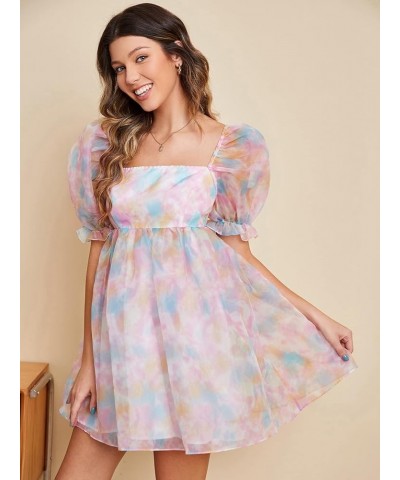 Women's Tie Dye Floral Print Square Neck Puff Sleeve High Rise Flare Organza Dress Tie Dye Multicolor $27.59 Blouses