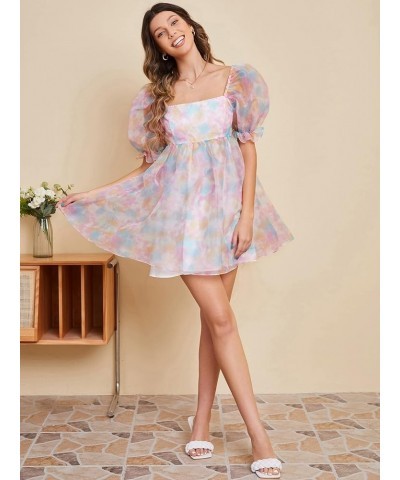 Women's Tie Dye Floral Print Square Neck Puff Sleeve High Rise Flare Organza Dress Tie Dye Multicolor $27.59 Blouses