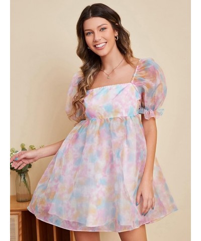 Women's Tie Dye Floral Print Square Neck Puff Sleeve High Rise Flare Organza Dress Tie Dye Multicolor $27.59 Blouses