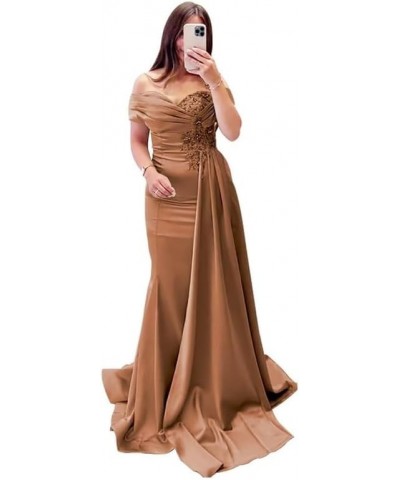 Lace Appliques Mother of The Bride Dresses for Wedding Off Shoulder Pleated Satin Formal Evening Dress SED019 Brown $31.16 Dr...