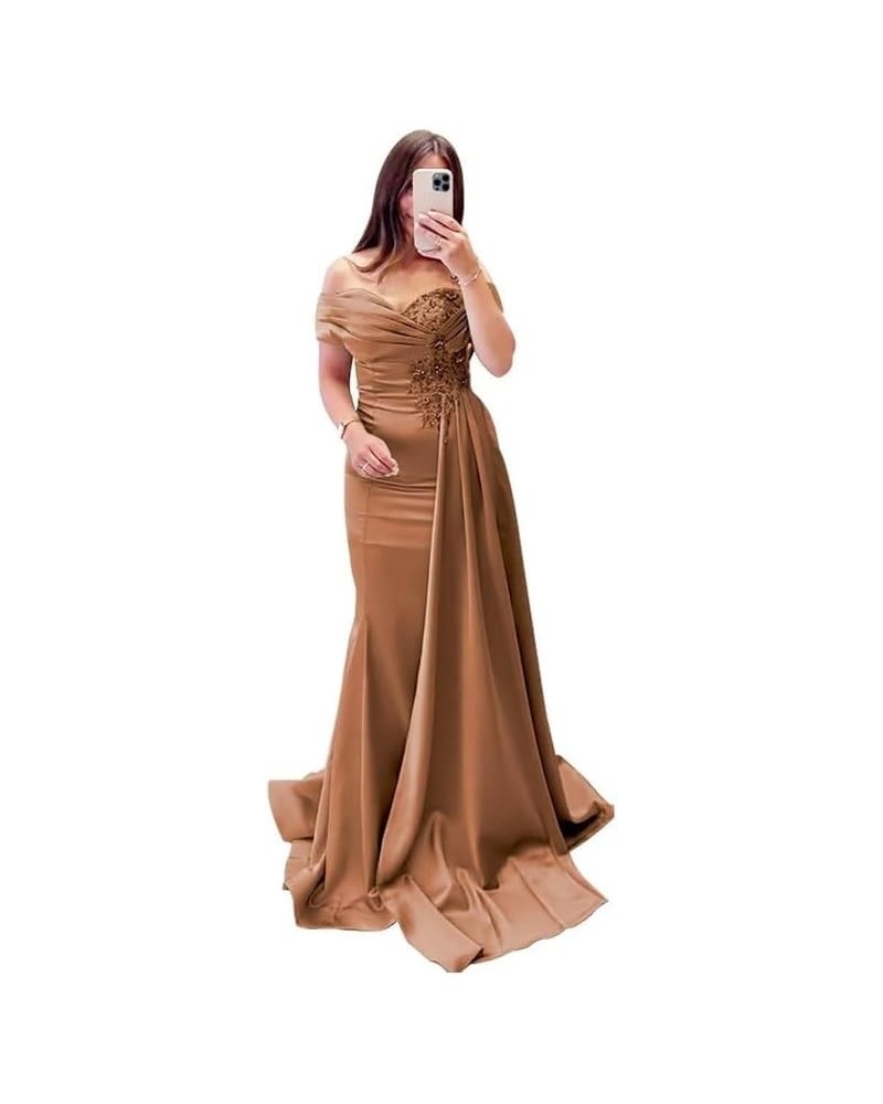 Lace Appliques Mother of The Bride Dresses for Wedding Off Shoulder Pleated Satin Formal Evening Dress SED019 Brown $31.16 Dr...