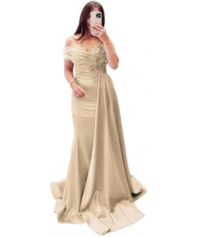 Lace Appliques Mother of The Bride Dresses for Wedding Off Shoulder Pleated Satin Formal Evening Dress SED019 Brown $31.16 Dr...