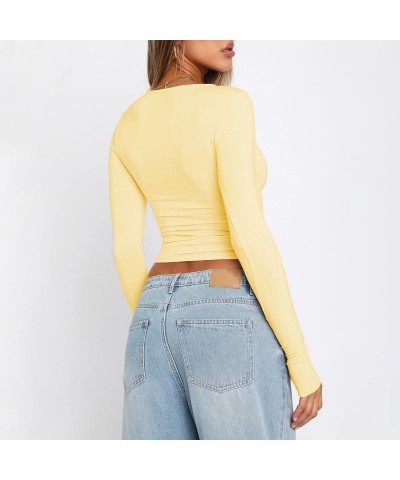 Women Y2k Skinny Long Sleeve Shirts Crewneck Slim Fitted Crop Top Solid Going Out Streetwear Tees 06-slim Yellow $9.87 T-Shirts