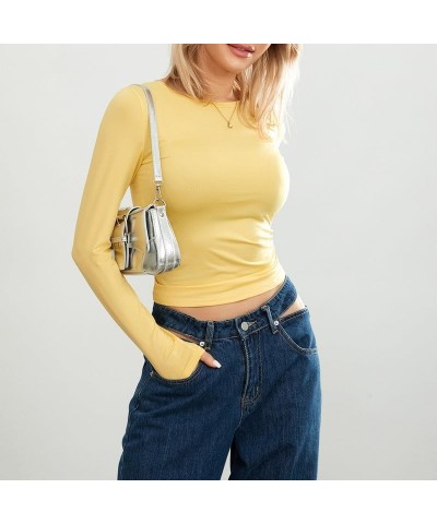 Women Y2k Skinny Long Sleeve Shirts Crewneck Slim Fitted Crop Top Solid Going Out Streetwear Tees 06-slim Yellow $9.87 T-Shirts