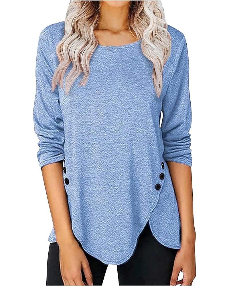 Long Sleeve Tops for Women,Spring Casual Button Trim Zipper Tops Shirts Trendy Long Sleeve V-Neck Blouse Tees Tunic C-sky Blu...