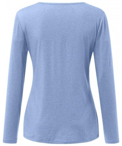 Long Sleeve Tops for Women,Spring Casual Button Trim Zipper Tops Shirts Trendy Long Sleeve V-Neck Blouse Tees Tunic C-sky Blu...