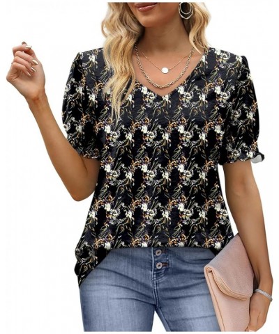 Women's Tops V Neck Ruffle Puff Sleeve Summer Fashion Casual Loose Fit T Shirts 03-black Floral $10.19 T-Shirts