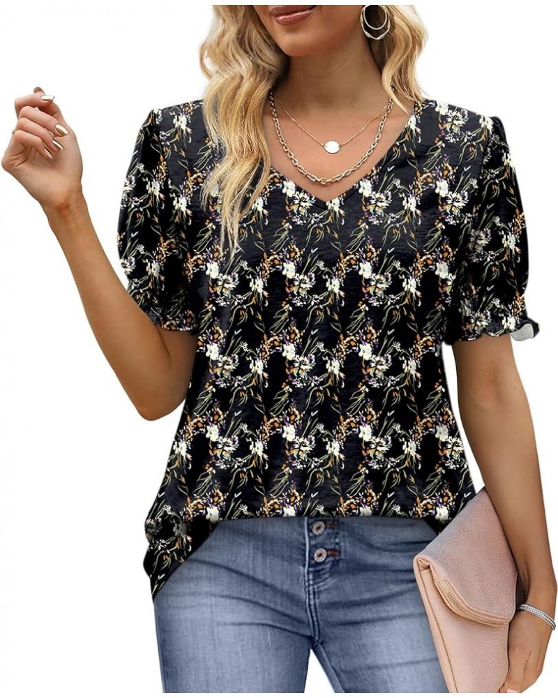 Women's Tops V Neck Ruffle Puff Sleeve Summer Fashion Casual Loose Fit T Shirts 03-black Floral $10.19 T-Shirts