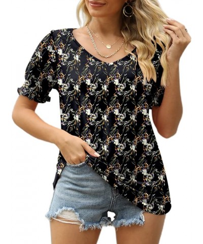 Women's Tops V Neck Ruffle Puff Sleeve Summer Fashion Casual Loose Fit T Shirts 03-black Floral $10.19 T-Shirts