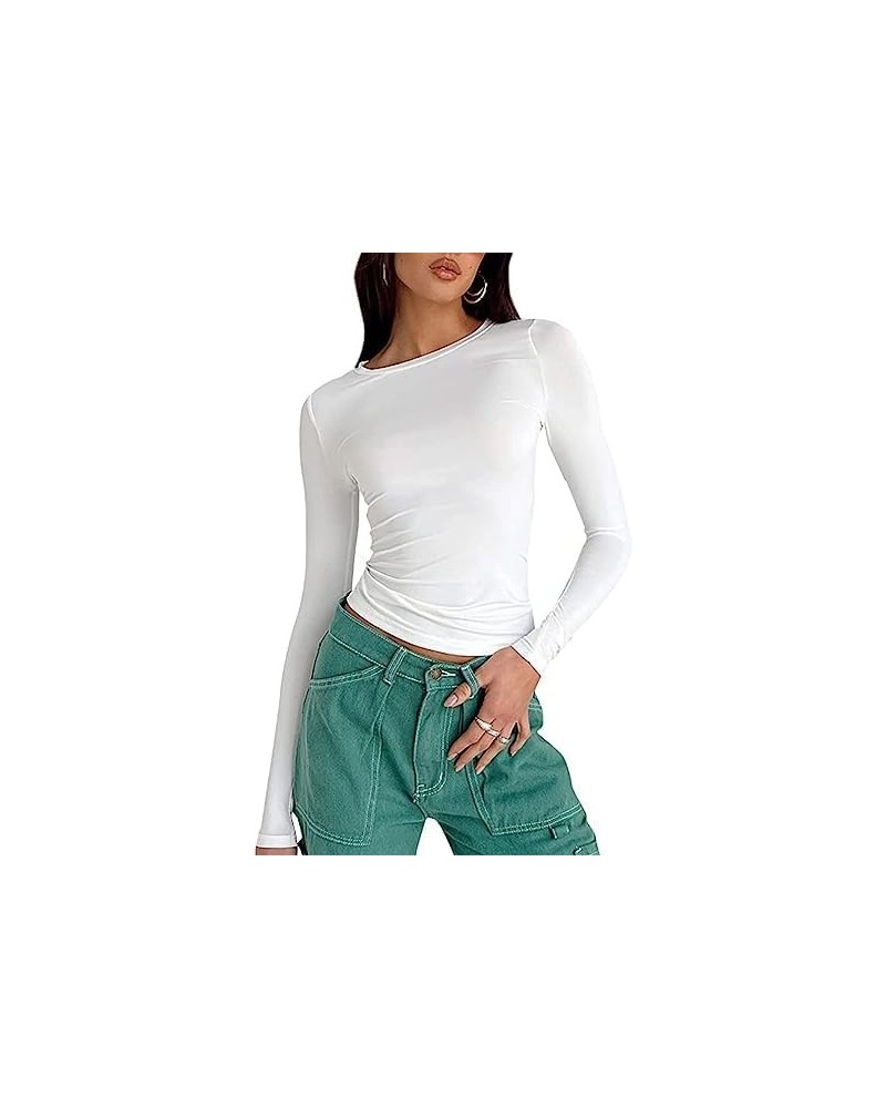 Basic Long Sleeves Crop Tees for Women Y2k Crewneck Fitted Going Out Tops Tight Shirts Clean Girl Aesthetic Clothes White $5....