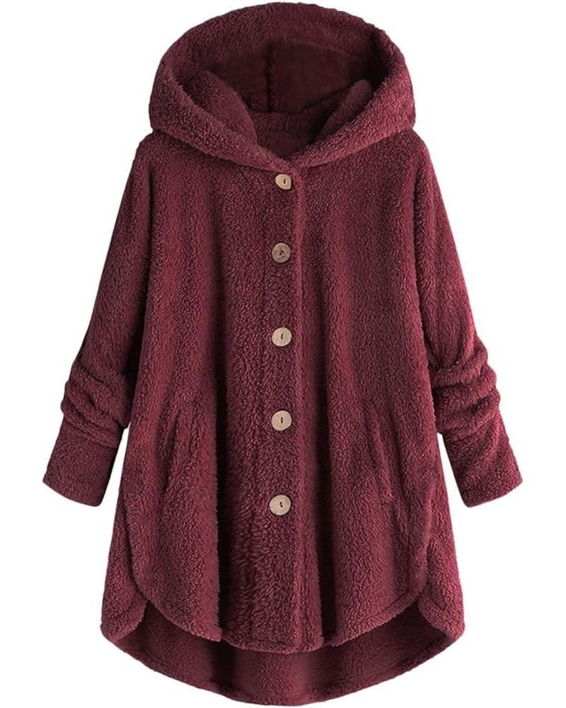 Womens Sherpa Teddy Coat With Hood Fleece Fuzzy Winter Jackets Button Down Cardigan Cute Warm Loungewear 2023 J016-wine $9.11...