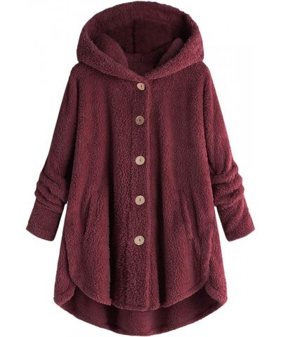 Womens Sherpa Teddy Coat With Hood Fleece Fuzzy Winter Jackets Button Down Cardigan Cute Warm Loungewear 2023 J016-wine $9.11...