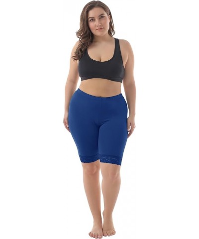 Women's Plus Size Soft Basic Mid Thigh Shorts Leggings with Lace Trim Royal Blue $7.75 Others