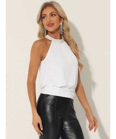 Women's Night Out Party Blouse Sleeveless Sequin Neck Tank Top White $12.00 Tanks