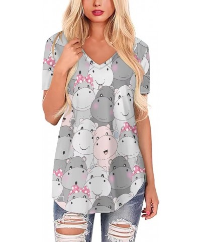 Women Novelty T-Shirts V Neck Summer Tops Graphic Tees Short Sleeve Hippo $14.49 Activewear