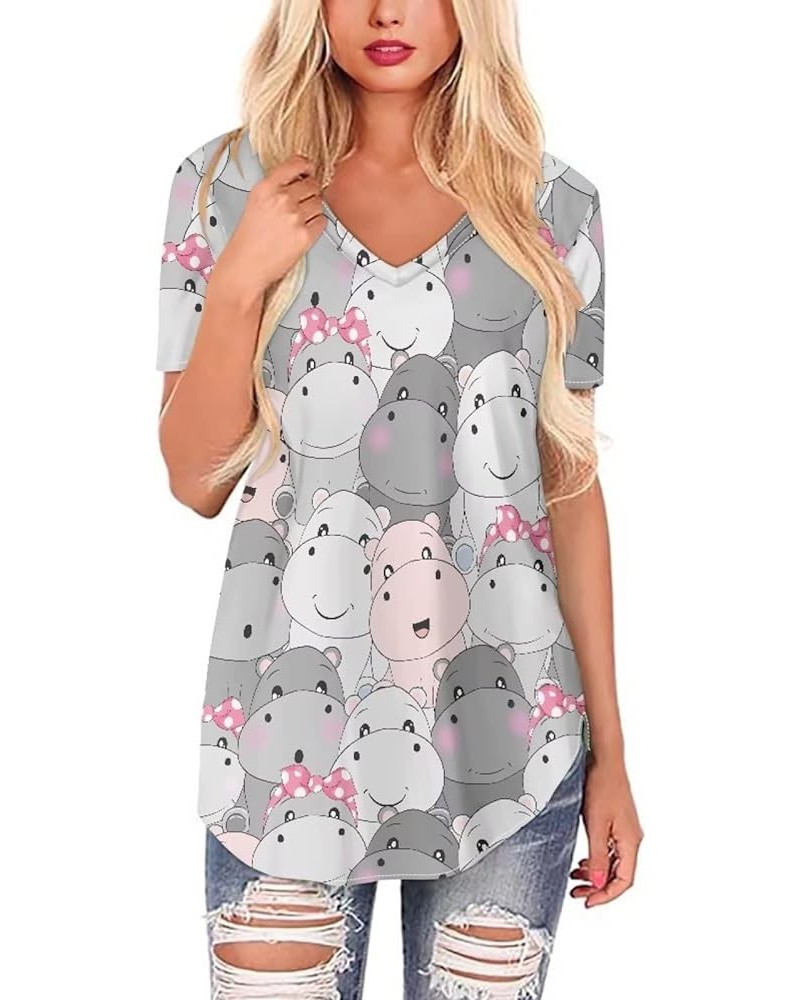 Women Novelty T-Shirts V Neck Summer Tops Graphic Tees Short Sleeve Hippo $14.49 Activewear