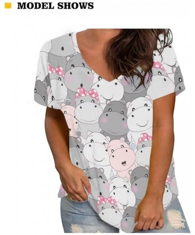 Women Novelty T-Shirts V Neck Summer Tops Graphic Tees Short Sleeve Hippo $14.49 Activewear