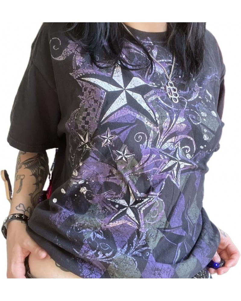 Women Y2k Fairy Grunge T Shirt Vintage Gothic Graphic Short Sleeve Top Oversized Crew Neck Print Blouse Streetwear C0-purple ...