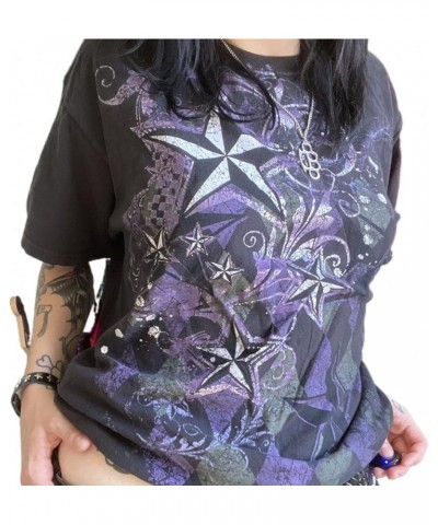 Women Y2k Fairy Grunge T Shirt Vintage Gothic Graphic Short Sleeve Top Oversized Crew Neck Print Blouse Streetwear C0-purple ...