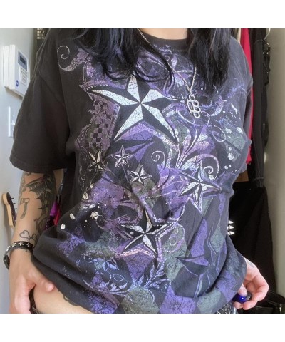 Women Y2k Fairy Grunge T Shirt Vintage Gothic Graphic Short Sleeve Top Oversized Crew Neck Print Blouse Streetwear C0-purple ...