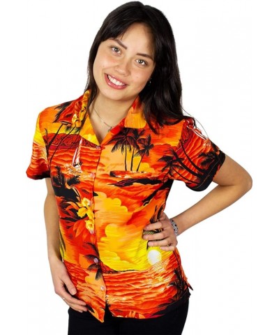 Funky Casual Hawaiian Blouse Shirt for Women Front Pocket Button Down Very Loud Shortsleeve Small Flower Print Surf Orange $1...
