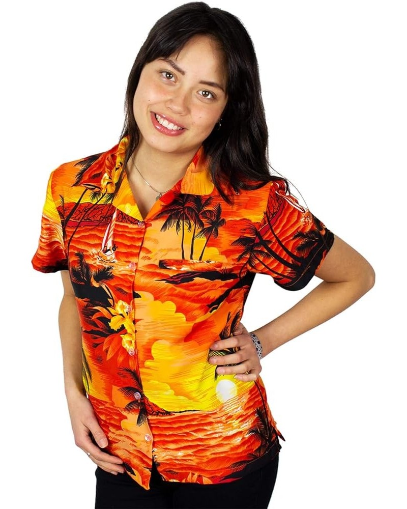 Funky Casual Hawaiian Blouse Shirt for Women Front Pocket Button Down Very Loud Shortsleeve Small Flower Print Surf Orange $1...