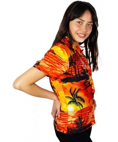 Funky Casual Hawaiian Blouse Shirt for Women Front Pocket Button Down Very Loud Shortsleeve Small Flower Print Surf Orange $1...