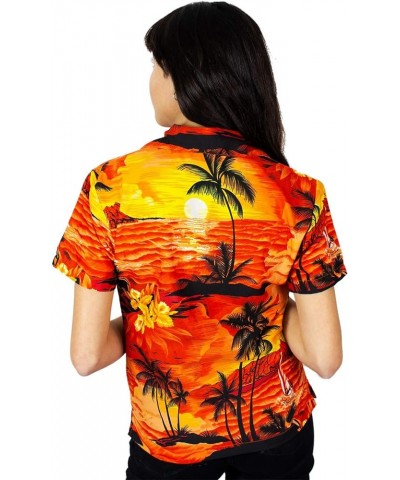 Funky Casual Hawaiian Blouse Shirt for Women Front Pocket Button Down Very Loud Shortsleeve Small Flower Print Surf Orange $1...