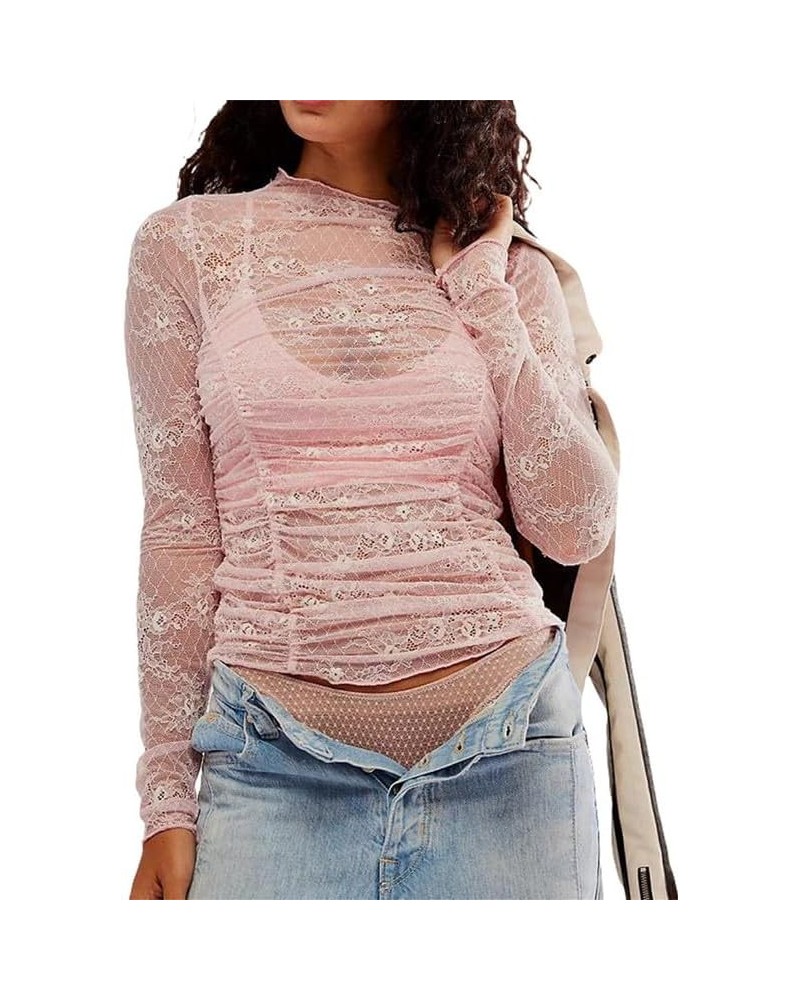 Women Off Shoulder Y2K Crop Top Long Sleeve See Through Tee Shirt Backless Bodycon Going Out T-Shirt Streetwear M-sheer Pink ...