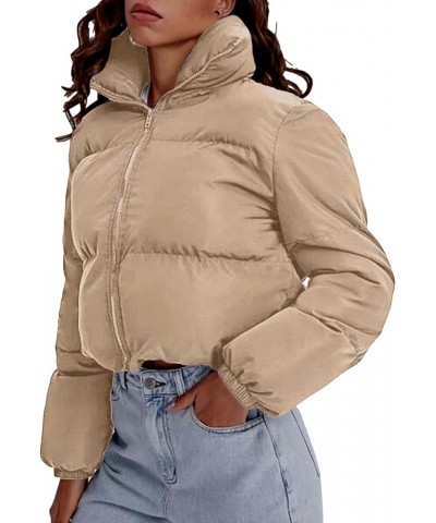 Women's Lightweight Long Sleeve Stand Collar Cropped Puffer Jackets Short Winter Coats 01 Khaki $18.19 Jackets