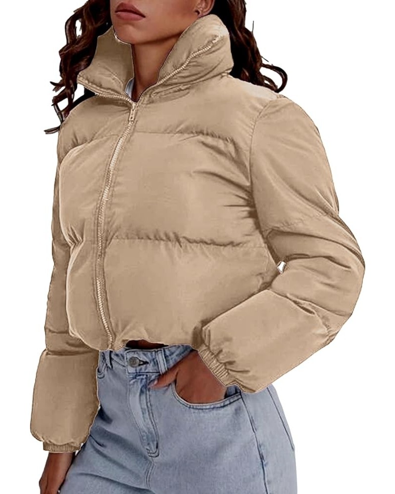 Women's Lightweight Long Sleeve Stand Collar Cropped Puffer Jackets Short Winter Coats 01 Khaki $18.19 Jackets