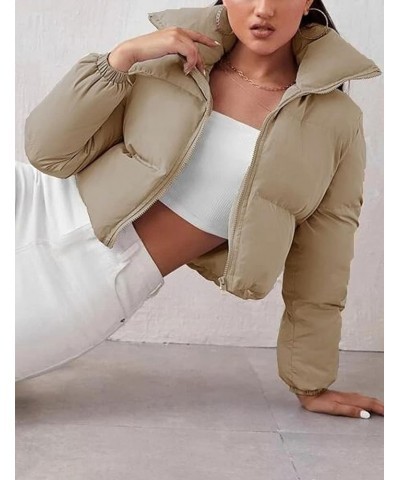 Women's Lightweight Long Sleeve Stand Collar Cropped Puffer Jackets Short Winter Coats 01 Khaki $18.19 Jackets