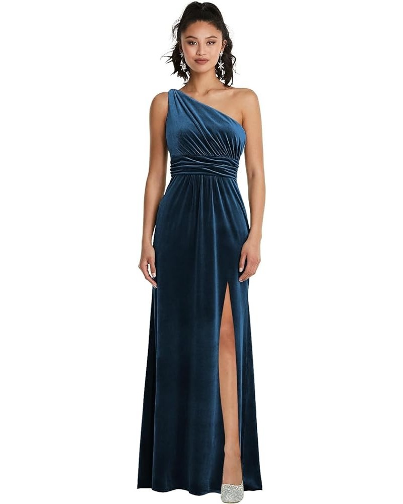 One Shoulder Bridesmaid Dresses for Wedding Pleated Long A-Line Velvet Formal Evening Gown with Slit Peacock $27.95 Dresses