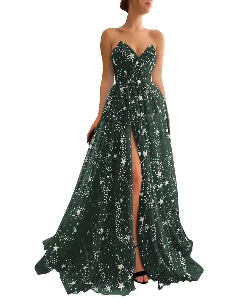 Women's Sparkle Starry Tulle Prom Dresses Strapless Slit Formal Evening Party Gowns Hunter Green $32.25 Dresses