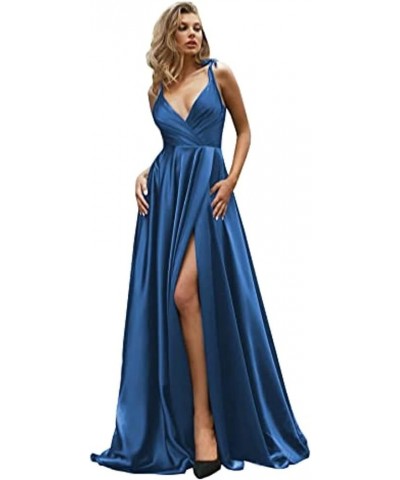Women's Spaghetti Straps High Slit Bridesmaid Dresses Long V-Neck Evening Gowns with Pockets Blue $40.32 Dresses
