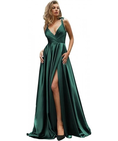 Women's Spaghetti Straps High Slit Bridesmaid Dresses Long V-Neck Evening Gowns with Pockets Blue $40.32 Dresses