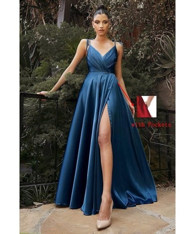 Women's Spaghetti Straps High Slit Bridesmaid Dresses Long V-Neck Evening Gowns with Pockets Blue $40.32 Dresses