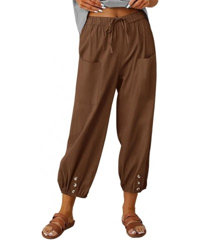 Women's High Waist Drawstring Cotton Linen Pants with 2 Pockets Straight Wide Leg Capri Cropped Trouser for Women 10-brown $1...