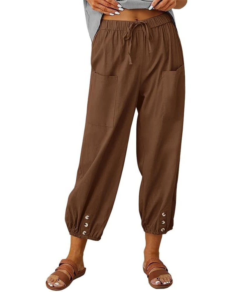 Women's High Waist Drawstring Cotton Linen Pants with 2 Pockets Straight Wide Leg Capri Cropped Trouser for Women 10-brown $1...