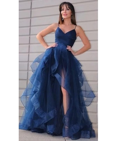 Tiered Tulle A Line Ball Wedding Gowns Spaghetti Straps V Neck Prom Dresses 2023 with Corset Back for Evening Formal Blue $52...