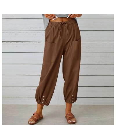 Women's High Waist Drawstring Cotton Linen Pants with 2 Pockets Straight Wide Leg Capri Cropped Trouser for Women 10-brown $1...