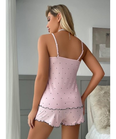 Women's Heart Print Sleepwear Lace Cami Top and Lettuce Trim Bow Knot Shorts Pajama Set Light Pink Dots $13.74 Sleep & Lounge