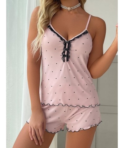 Women's Heart Print Sleepwear Lace Cami Top and Lettuce Trim Bow Knot Shorts Pajama Set Light Pink Dots $13.74 Sleep & Lounge