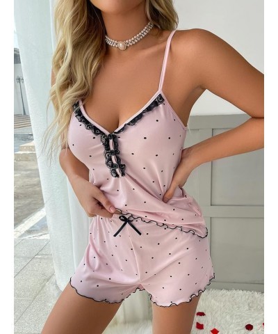 Women's Heart Print Sleepwear Lace Cami Top and Lettuce Trim Bow Knot Shorts Pajama Set Light Pink Dots $13.74 Sleep & Lounge