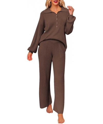 Women's 2 Piece Outfit Sweater Set Long Sleeve Button Knit Pullover Top Wide Leg Pants Pocket Sweatsuit Brown $25.64 Activewear