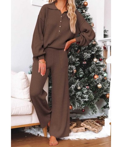 Women's 2 Piece Outfit Sweater Set Long Sleeve Button Knit Pullover Top Wide Leg Pants Pocket Sweatsuit Brown $25.64 Activewear