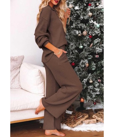 Women's 2 Piece Outfit Sweater Set Long Sleeve Button Knit Pullover Top Wide Leg Pants Pocket Sweatsuit Brown $25.64 Activewear